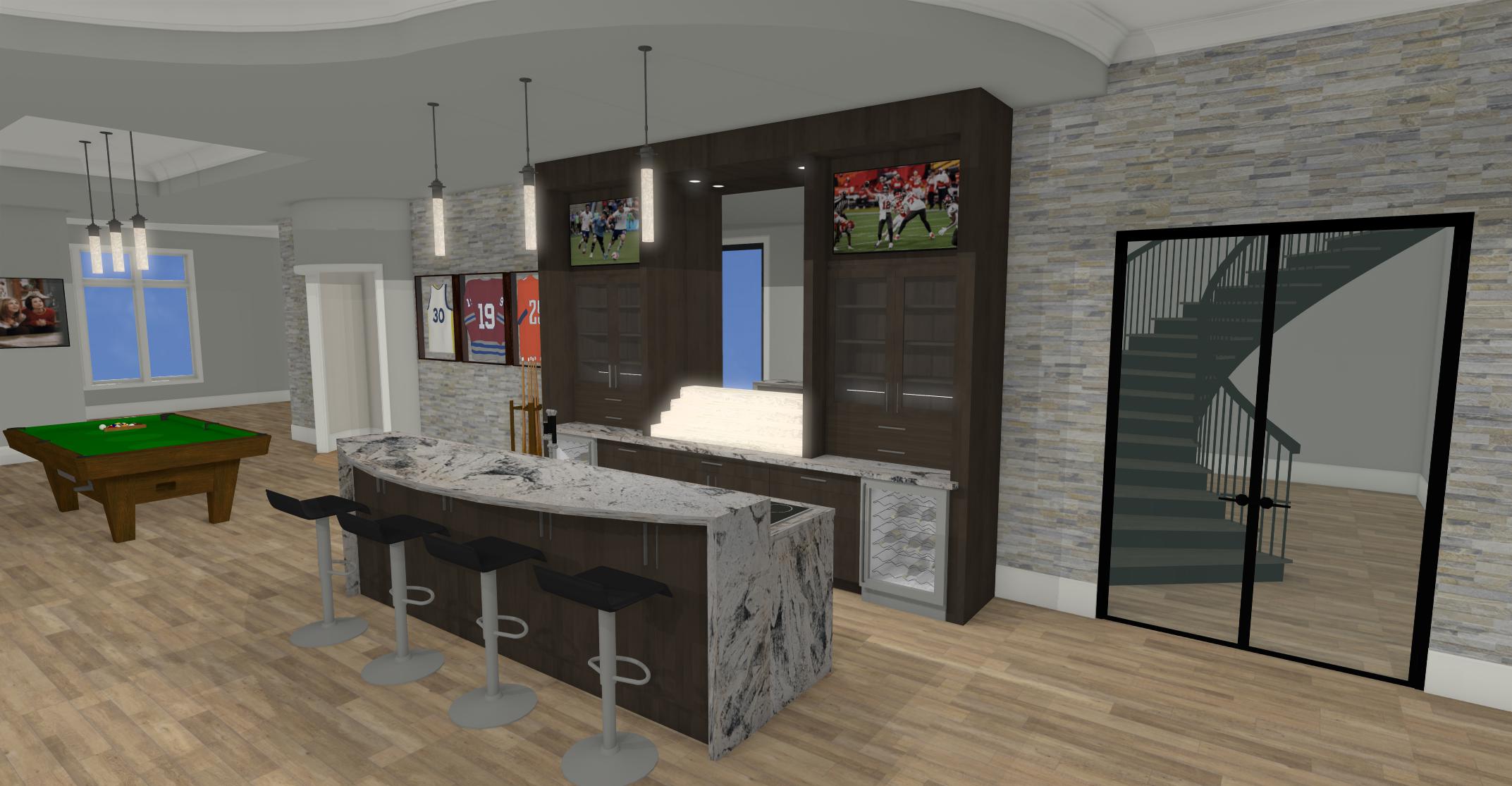 Large finished basement with pool table, wet bar with island and 2 large tvs